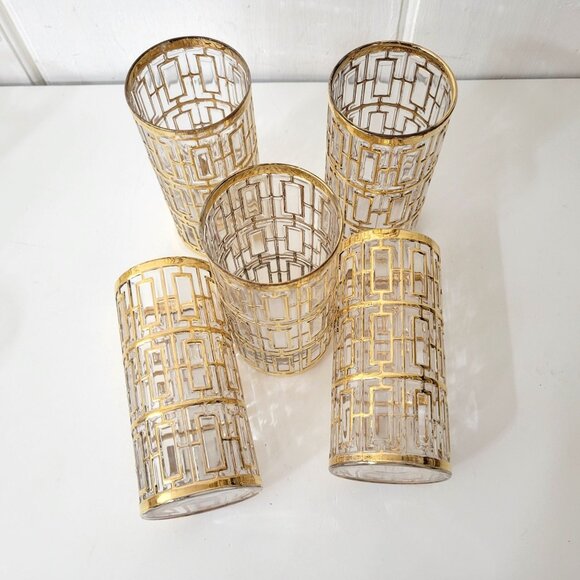 Imperial Glass Shoji Gold Trellis Drinking Glasses Set of Five Plus 3 Extras MCM - Picture 4 of 9